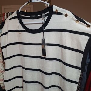 T Tahari Black and White Striped Blouse with Button Detail